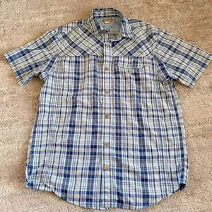 Duluth Trading Button Up Short Sleeve Shirt Plaid Light Weight Polyester Nylon